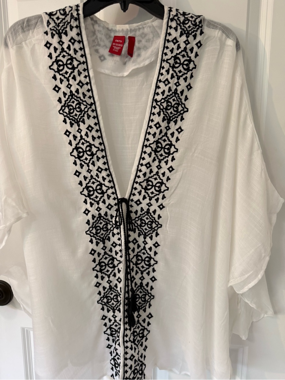 LOFT White kimono os with Black Embroidered tie front light and airy